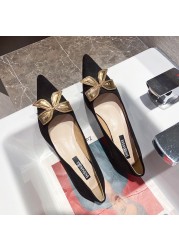 Rimocy Fashion Gold Bowknot Women Pumps Pointed Toe Thick Heels Office Shoes Woman 2022 Spring Comfortable Shallow Ladies Pumps