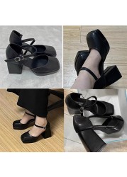 Lucifer 2022 Women Platform Platform Ankle Strap Shoes Women Square Heel Faux Leather Shoes Mary Jane Thick High Heels Women Shoes