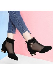 Woman Mesh Gauze Light Heels Chunky Heels Pants Female Shoes Fash Breathable Shoes New Black Single Shoes Shoes Sandals