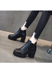 Women's boots British style autumn and winter new chunky Hee fashion platform all-match short boots wool lined high heel shoes