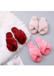 Fashion Women Cozy Fluffy Slippers Cozy Faux Fur Cross Indoor Floor Slides Flat Soft Furry Ladies Female Celebrity Flip Flops