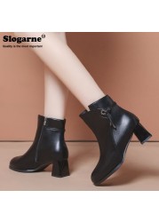 Women's High Boots Spring Autumn Short Ankle Boots High Heels Female Fashion Leather Bottes Waterproof Shoes Side Zippers Pumps