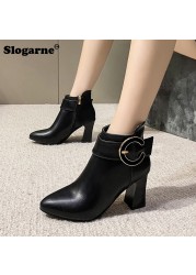 Women High Heels Short Boots Female Spring Autumn Ankle Boots Side Zippers Woman Soft Leather Shoes Waterproof Pumps Thick Heel