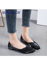 Spring Women Flats Black Pointed Toe Ballet Flats Shallow Boat Shoes Woman Flock Casual Shoes Female Loafers Apricot Pink