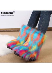 Women Snow Boots Outdoor Fur Boots Fluffy Fur Female Luxury Furry Plush Bottes Warm Mid-Calf Winter Boots Large Size Platform