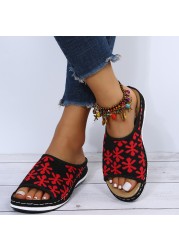 Rimocy Elastic Mesh Knitted Slippers Women 2022 Summer Fashion Embroidery Wedges Sandals Woman Non-slip Platform Casual Slides