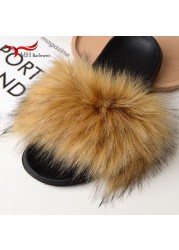 Women Summer New Synthetic Fox Fur Slippers Indoor Home Furry Cute Faux Raccoon Fur Non-slip Outdoor Home Shoes Beach Sandals