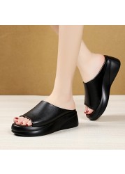 Rimocy 2021 Summer Women Thick Bottom Wedges Slippers New Fashion Soft Leather Platform Sandals Woman Peep Toe Beach Slides