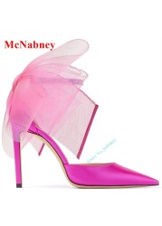 Mesh Butterfly Knot Women's Sandals Pointed Toe Solid Satin Ankle Straps Thin High Heels Sexy Women Shoes Designer Summer Sandals