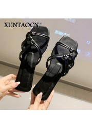 2022 Slippers women summer Korean version new square-toe flat-heel candy color fashion outer wear sandals slippers