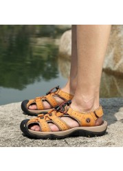 New Men's Sandals Cowhide Plus Size Beach Shoes Men's Sandals Slippers Plus Size 38-48 Mens Casual Sandals Genuine Leather