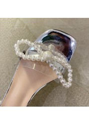 Rimocy Fashion Ankle Strap Pearl Sandals Women 2022 Summer PVC Transparent Heels Sandalias Mujer Beaded Bow Party Shoes Woman