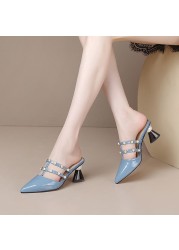 New Patent Leather Pointed Rhinestone Chain Bead Women Slippers Breathable Comfort High Heel Baotou Wearable Zapatos Mujer