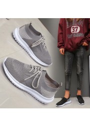 2022 spring sneakers women knitting soft vulcanized flat shoes platform lace-up mesh comfortable ladies casual shoes