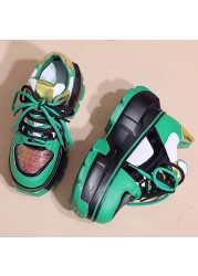 Lucifer Green Sequin Chunky Sneakers Shoes Woman 2022 Spring Mixed Color Platform Shoes For Women Lace Up Thick Sole Sneakers