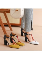 FEDONAS Women Pumps Spring Summer Fashion Mixed Colors T-strap Genuine Leather Square Toe High Heels Woman Party Office Shoes