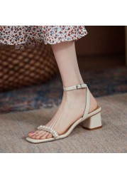 New Casual Women's Shoes Fashion Chain Bead Square Heel Buckle Sandals Office Commuter Summer Lady Sandalias Mujer 2022
