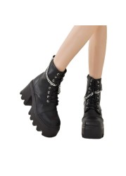 Black platform martin boots 2021 leather biker high boots women's wedge heel boots