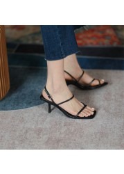 Tuyoki Size 33-43 Women Sandals Real Leather Straps Fashion Summer High Heels Women Shoes Sexy Office Lady Party Shoes