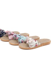 Women Summer Beach Slippers Female Breathable Floral Bow Linen Slippers Sandals Woman Non-slip Flats Female Flip Flop Fashion