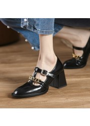 Tuyoki Genuine Leather Women Pumps Fashion Chunky High Heel Shoes Woman Chain Dress Office Lady Daily Shoes Size 34-39
