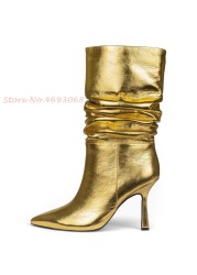 Metallic Leather Mid-Calf Boots Pleated Thin Heels Women Sexy Slip-On Pointed Toe Modern Boots 2022 Spring British Style Boots