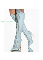 Light Blue Knee High Boots Lace-up Chic Pointed Toe Leather Splicing Long Boots Sweet Thin Heels Fashion Women Shoes Spring 2022