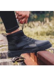 Black Leather Men Boots Lace Up Platform Ankle Boots Street Style High Tops Casual Shoes Fashion Combat Boots For Men