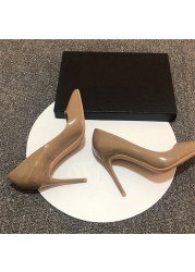 Khaki PU Leather Women Super 12cm High Heels Sexy Ladies Pointed Toe Stiletto 10cm Pumps Party Shoes Plus Size qkf008 ROVICIYA