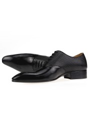 Male brogue wedding dress genuine leather lace-up handmade business casual custom shoes model fashion exquisite buckle ABS black