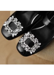 REAVE CAT 2022 Ladies Shoes Flats Square Toe Rhinestone Hook Loop Shallow Elegant Big Size 32-42 Solid Black Brown Spring S3625