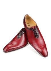 Oxford Luxury Vintage Formal Cow Leather Dress Shoes Fashion Men Lace Up Elegant Business Wedding Office Red Black Pointed Toe