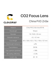 Cloudray China CO2 ZnSe Focus Lens Dia.18 19.05 20mm FL38.1 50.8 63.5 101.6 127mm 1.5 - 4" for Laser Engraving Cutting Machine