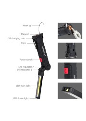 COB LED Flashlight Portable USB Rechargeable 5 Mode Car Work Light Magnetic Torch Hanging Hook Lamp for Camping Repair