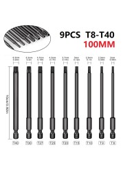 9pcs 100mm Steel Torx Hollow Screwdriver Bit Tool Set 1/4 Hex Torx Socket Set Handle Electrical Tools Screwdriver Set