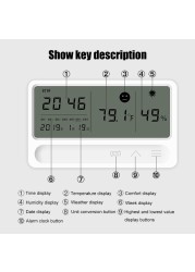 LCD الإلكترونية ساعة مكتب درجة الحرارة مقياس الرطوبة ساعة تنبيه الرطوبة ميزان الحرارة عالية الدقة الرقمية hygrothergraph