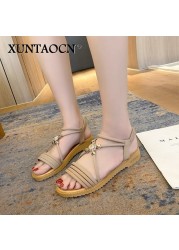 Rimocy Summer Cross Strap Crystal Sandals Women 2022 Comfortable Low Heels Open Toe Sandalias Woman Soft Bottom Casual Shoes Lady