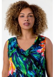 Roman Curve V-Neck Tropical Print Top