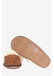 Barbour® Tan Brown Suede Faux-Fur Trim Lydia Slippers