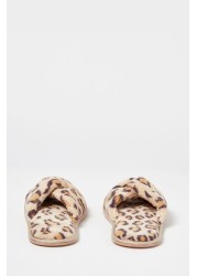 Oliver Bonas Brown Animal Print Faux Fur Knotted Slippers