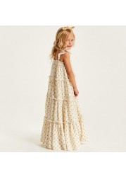 Polka Dot Print Sleeveless Tiered Dress with Frill Detail