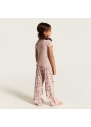 Juniors Embroidered Round Neck T-shirt and Full Length Printed Pyjama Set