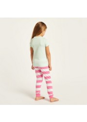 Juniors Printed Crew Neck T-shirt and Full Length Striped Pyjama Set