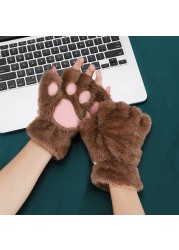 Cute Cat Paw Plush Fingerless Gloves Winter Warm Faux Fur Gloves Half Finger Gloves Lovely Bear Paw Gloves For Women Girls