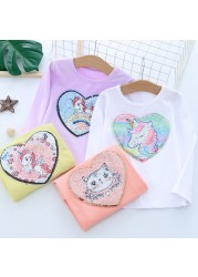 Long Sleeve Children Kids Girls T-shirt Unicorn Sequin Cotton Tops Tees Tops Fashion Girls Clothes