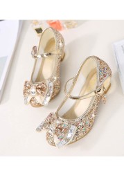 ULKNN-Girls Princess Leather Shoes Casual Floral Sequin High Heel Butterfly Bowknot Shoes Blue Pink Silver