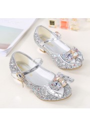 ULKNN-Children's leather shoes, casual high-heeled shoes with flowers and sequins, butterfly knot, blue, pink and silver, 2021