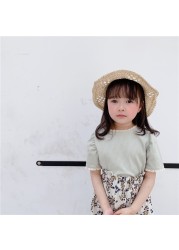 Deer Junmei 2022 Summer Korean Style New Toddlers Kids Short Sleeve T-shirt Lace Baby Girls Rib Tops Pure Color Children Tees