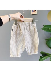 Children's Striped Cotton Pocket Pants Pure Color Casual Sarl Pants Spring-Autumn 2020