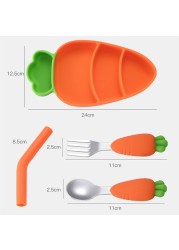 Baby Stainless Steel Silicone Cutlery Feeding Set Children Straw Cutlery Carrot Set Split Training Plate Spoon Fork Dinner Plate